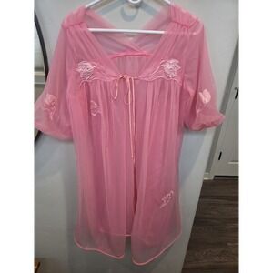 Vintage Gotham Lingerie Pink Barbie Lace Robe Chiffon Puffy Sleeves